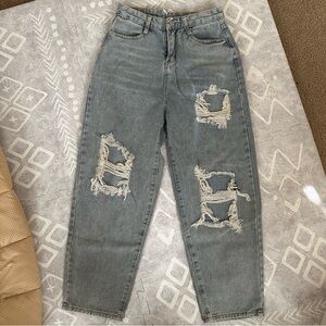 Distressed Balloon Style Blue Jeans